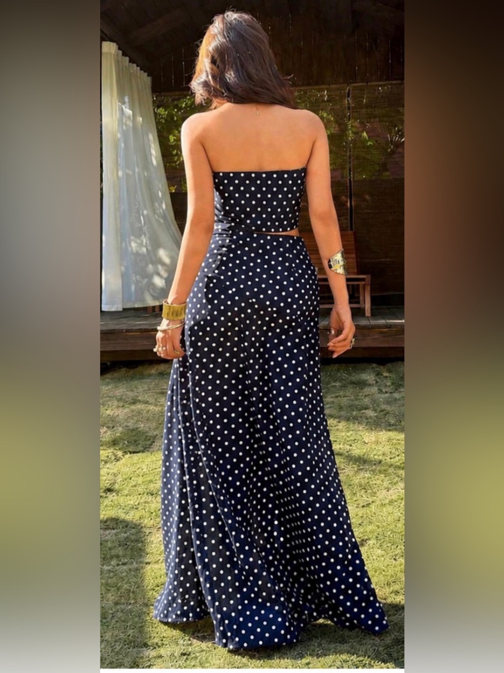 SHEIN VCAY Navy Polka Dot Cutout Maxi Dress Set NWOT Medium - Picture 3 of 3